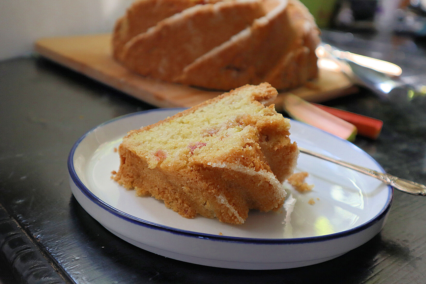 Chunks of sugary rhubarb are baked into this lemon bundt cake.